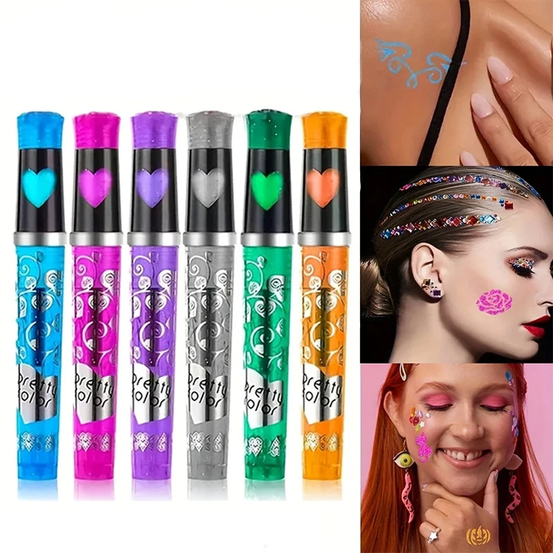 Mixed Color Temporary Tattoo Markers Kit,Washable Body Art Pens with Rhinestone Stickers,Floral Designs for Festivals,Halloween