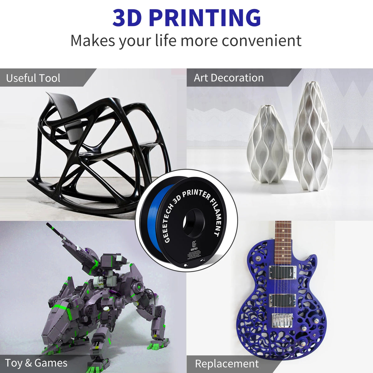 GEEETECH PETG Filament 1KG 1.75mm ±0.03mm For 3D Printer, 1KG (2.2LBS) , Vacuum Packing, Tangle-Free