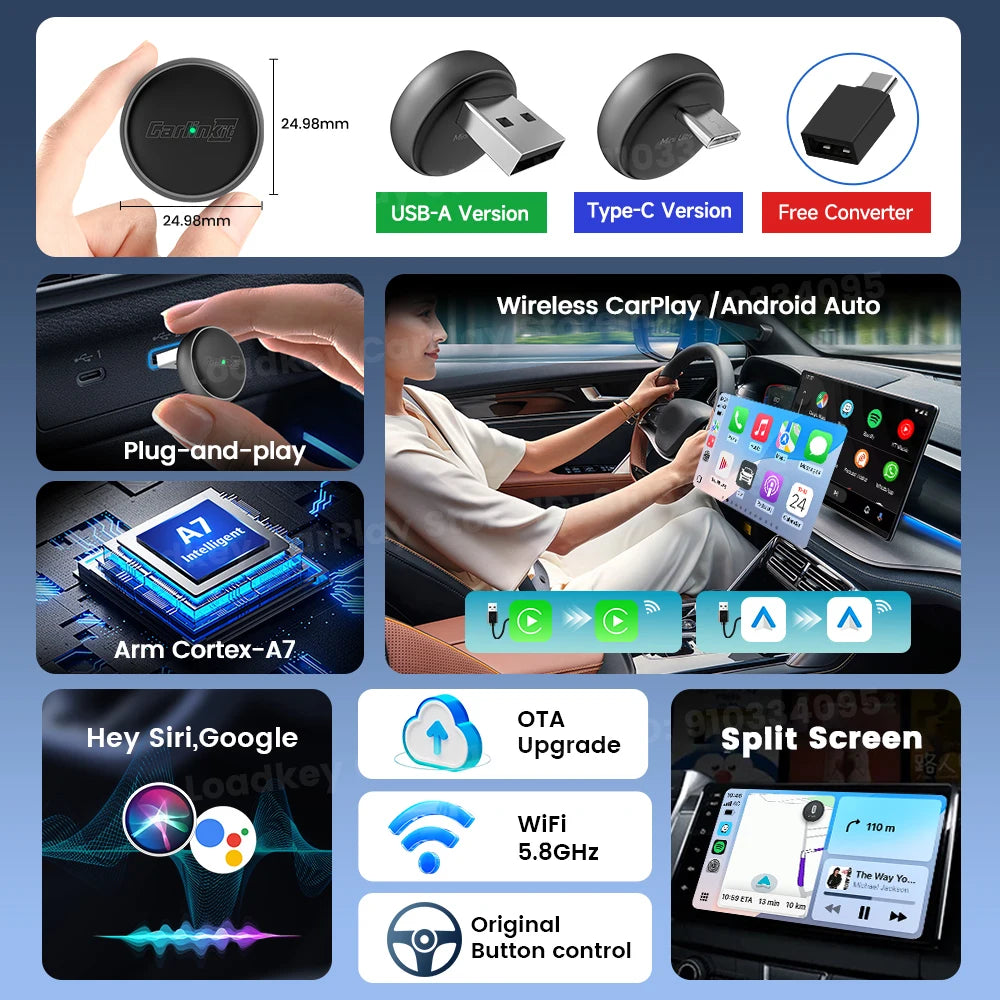 New CarlinKit Mini Ultra3 Wireless CarPlay Adapter Android Auto Wireless Dongle 2-In-1 Wireless Adapter Auto Connect 5.8G Wifi
