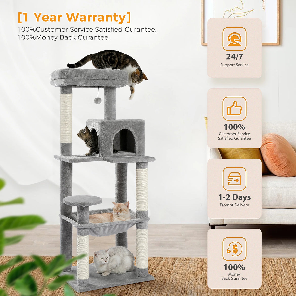 Cat Tree for Indoor Cats 5-Level Cat Tower for Large Cats with Large Hammock Sisal Covered Scratching Posts Cozy Condo Top Perch
