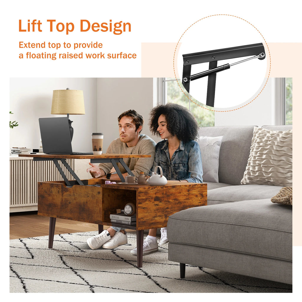 Lift-Top Coffee Table with Hidden Storage Shelf, 39 x 20 Inch