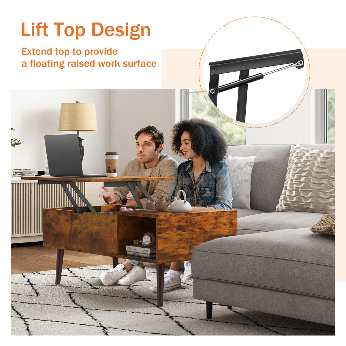 Lift-Top Coffee Table with Hidden Storage Shelf, 39 x 20 Inch