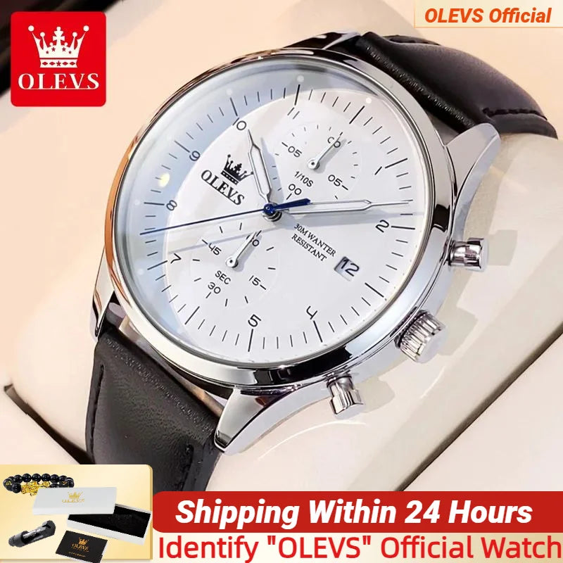 OLEVS Men's Leather Strap Quartz Watch, Waterproof Business Watch with Date