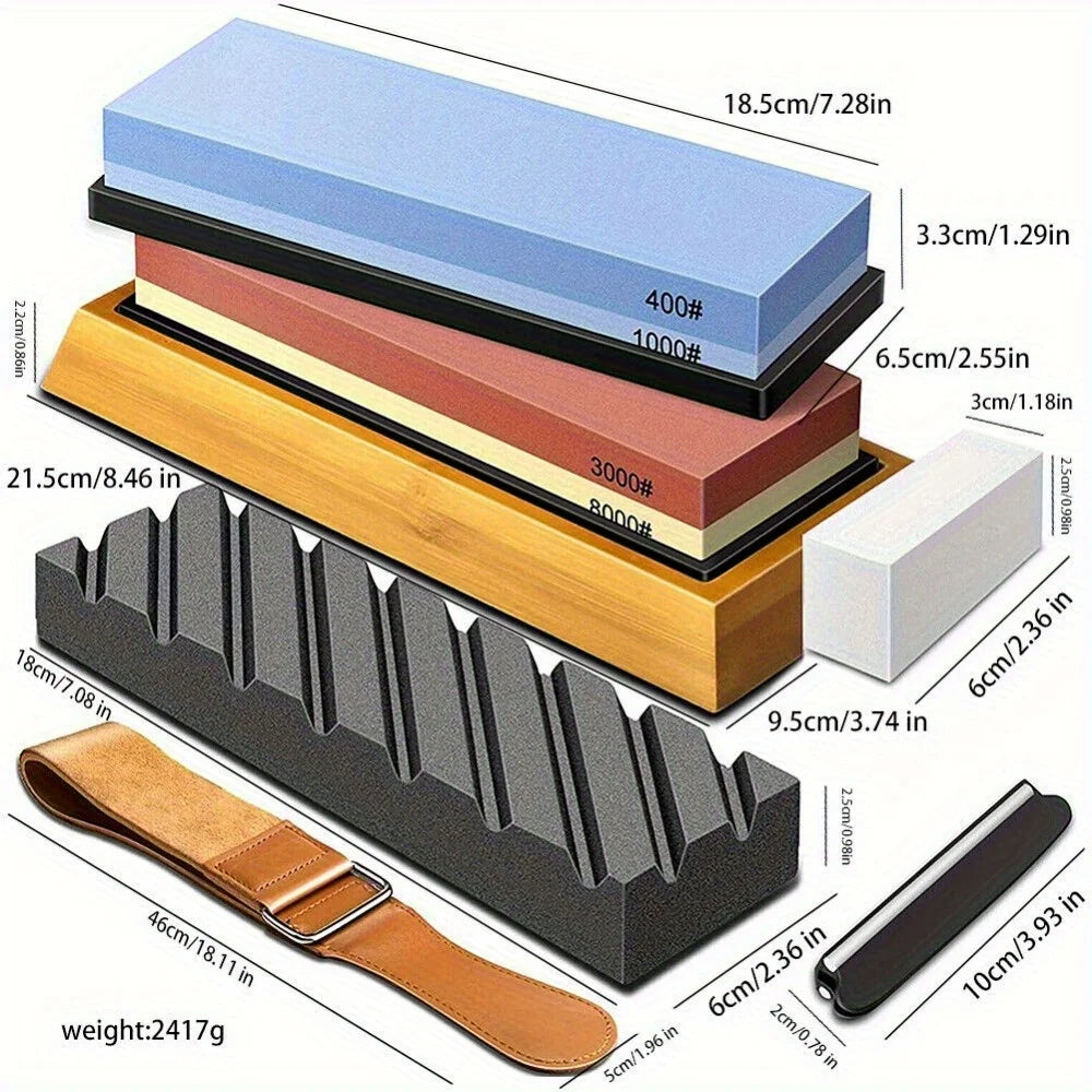 Professional Knife Sharpening Stone Set – 400/1000/3000/8000 Grit Whetstones, Bamboo Base, Angle Guide, Leather Strop