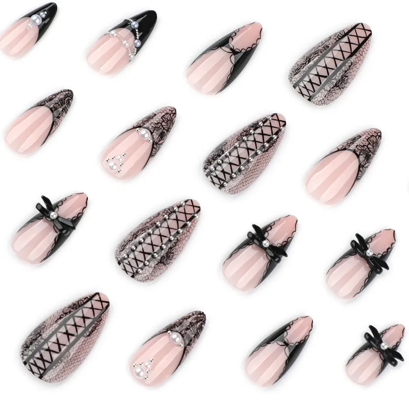 Black Bat Press On Nails, 24 Pieces Almond False Nails with Rivet and Bow Details, Reusable Halloween Nail Tips