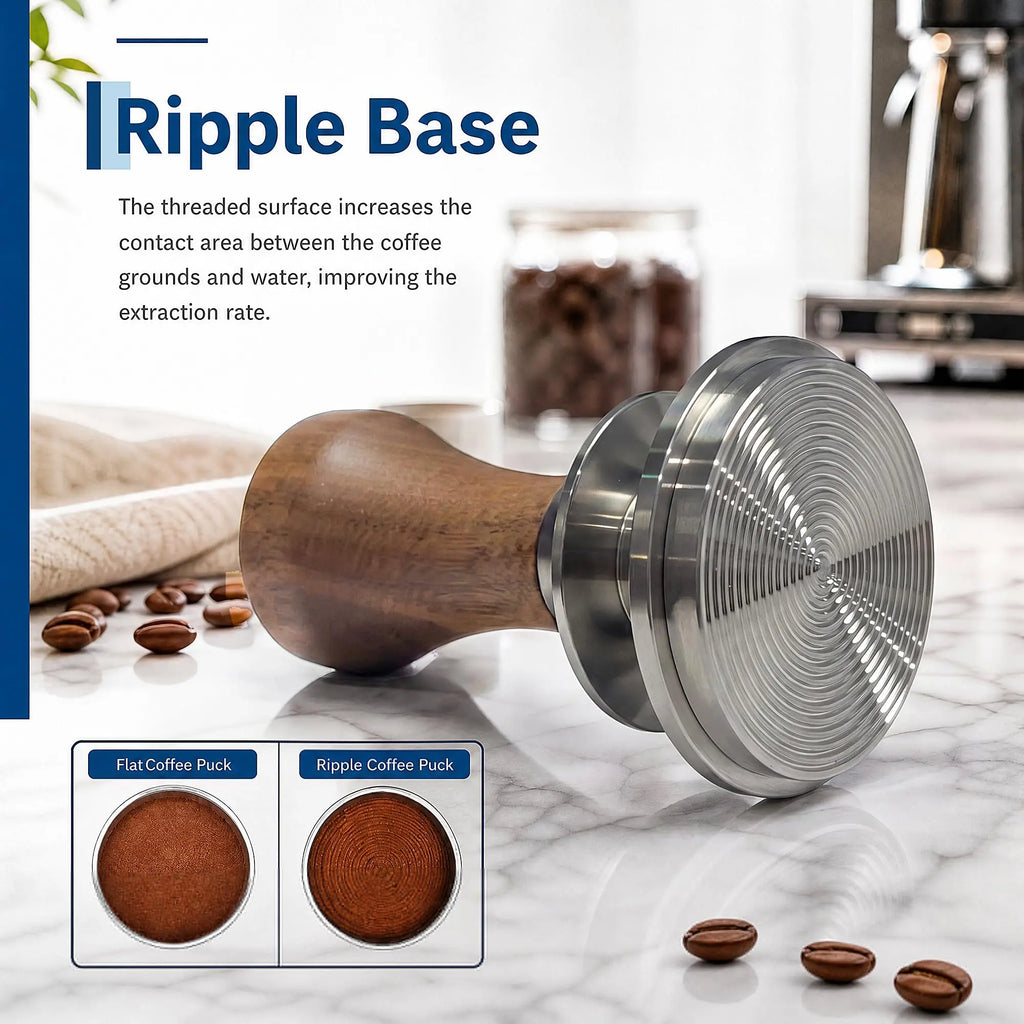 51mm 53.5mm 58.3mm Espresso Tamper, Self Leveling Ripple Base Coffee Tamper with Solid Wood Handle, 304 Steel Barista Tool