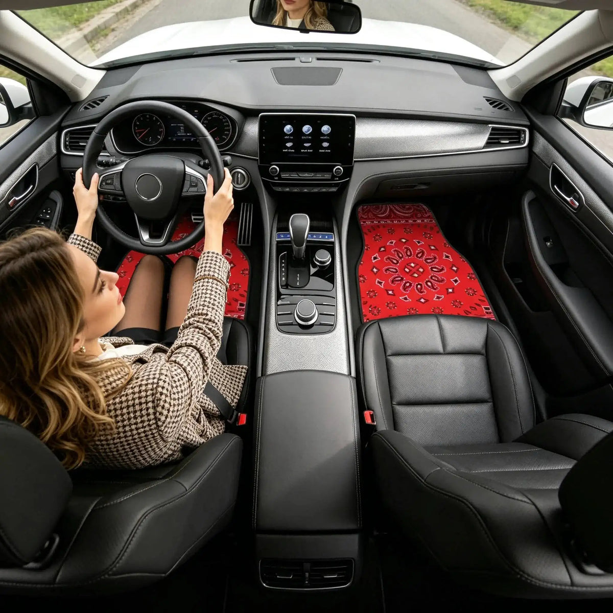 Red Bohemian Paisley Car Floor Mats, 4-Piece Universal Anti-Slip Auto Carpet Set