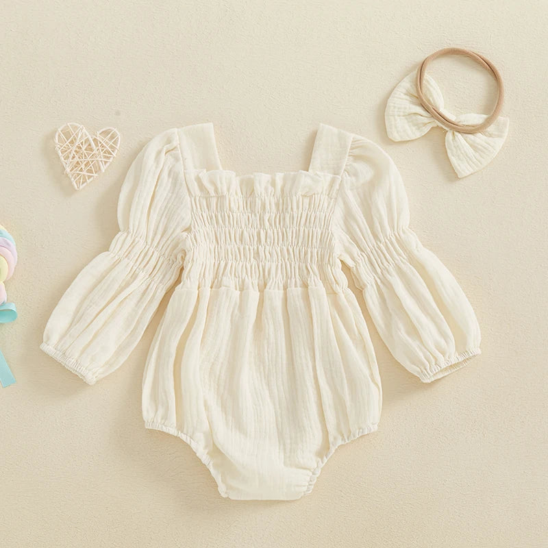 Baby Girls Spring Romper Long Sleeve Square Neck Solid Color Romper with Headband