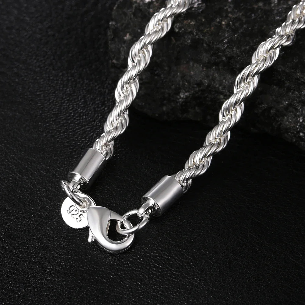 925 Sterling Silver Rope Chain Necklace and Bracelet Set, 4mm, for Men and Women