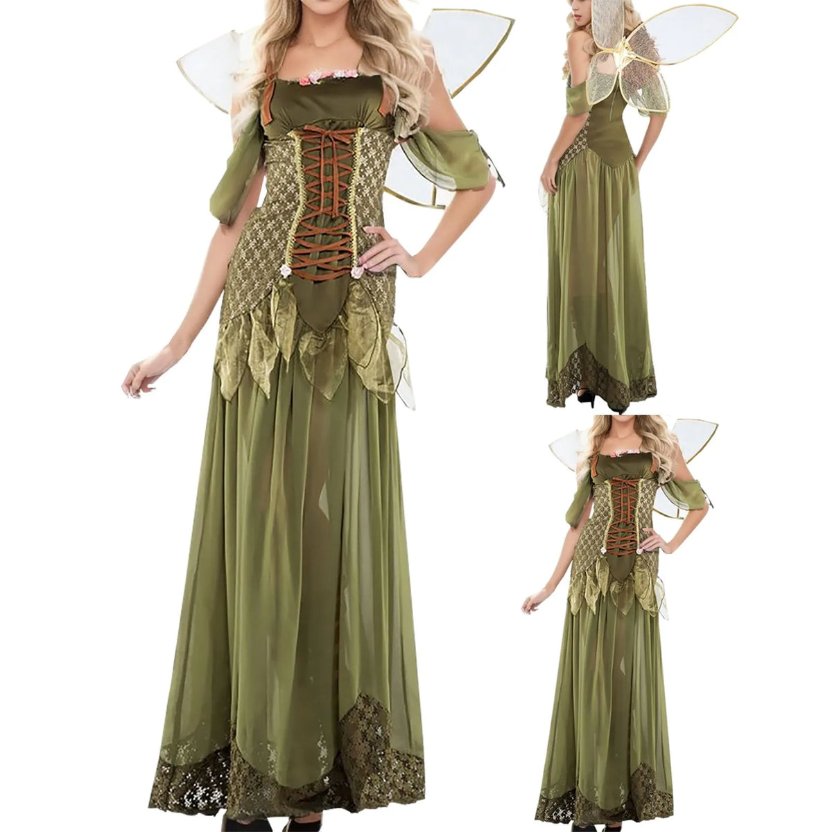 Green Fairy Wing Dresses for Women Halloween Cosplay Costumes Cos Fairy Princess Medieval Corset Long Dress Lace Up Party Dress