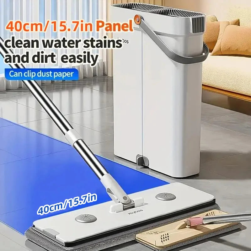 Ultra-Slim Flat Mop and Bucket System, Hands-Free Wash & Dry Floor Mop Set with 2 Microfiber Pads