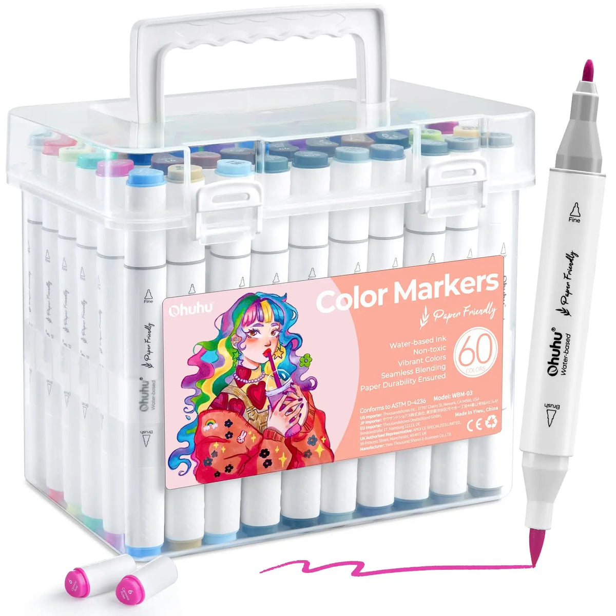 Ohuhu Markers Paper-friendly Water-based Coloring Markers 60 Colors Dual Brush Fineliner Tips Markers Coloring Books Art Markers