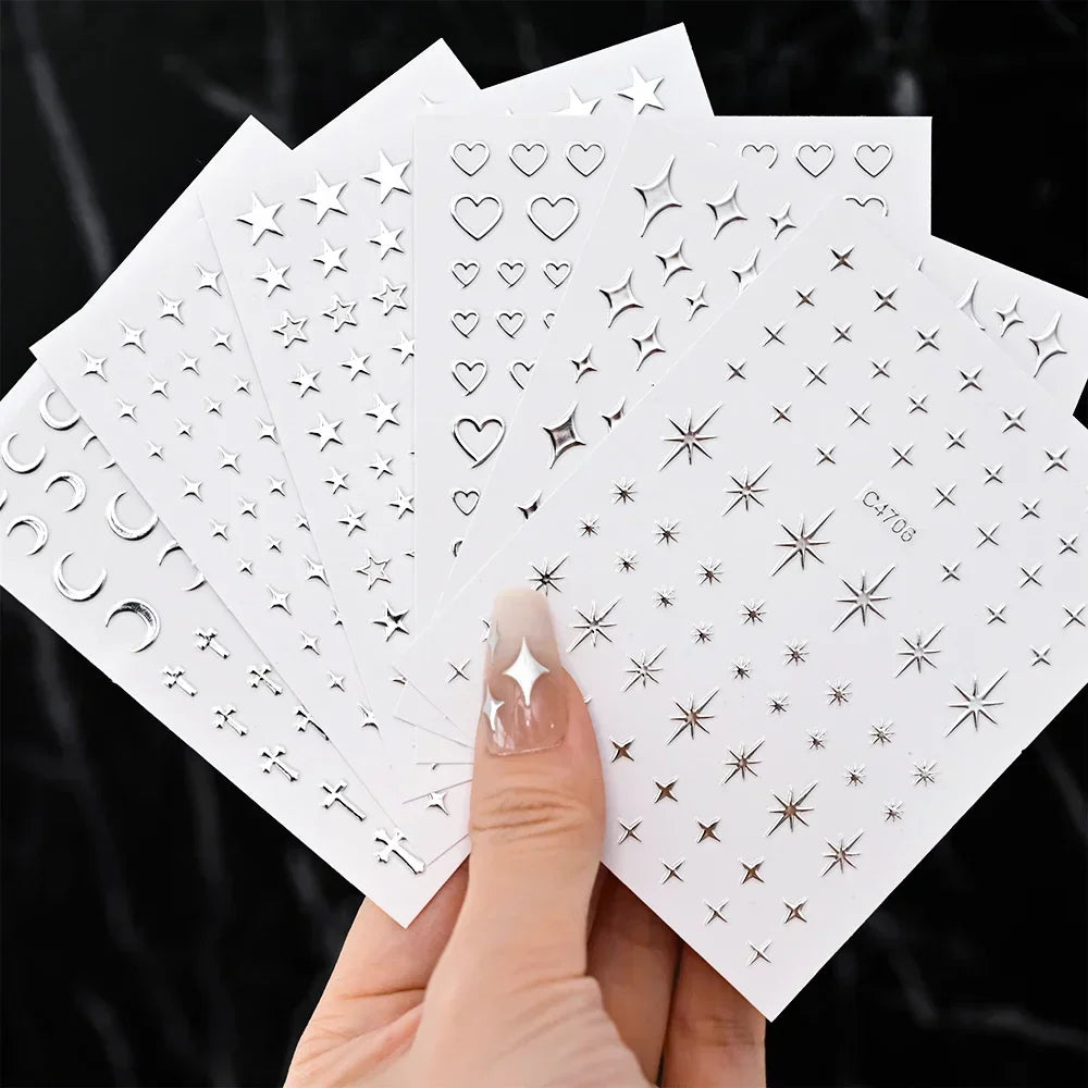 3D Silver Star & Heart Nail Stickers, 6 Sheets