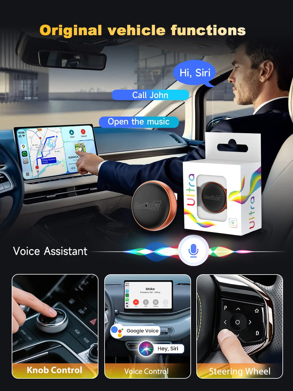 CarlinKit Mini Ultra 3 Wireless CarPlay and Android Auto Adapter, 2-in-1 Plug and Play