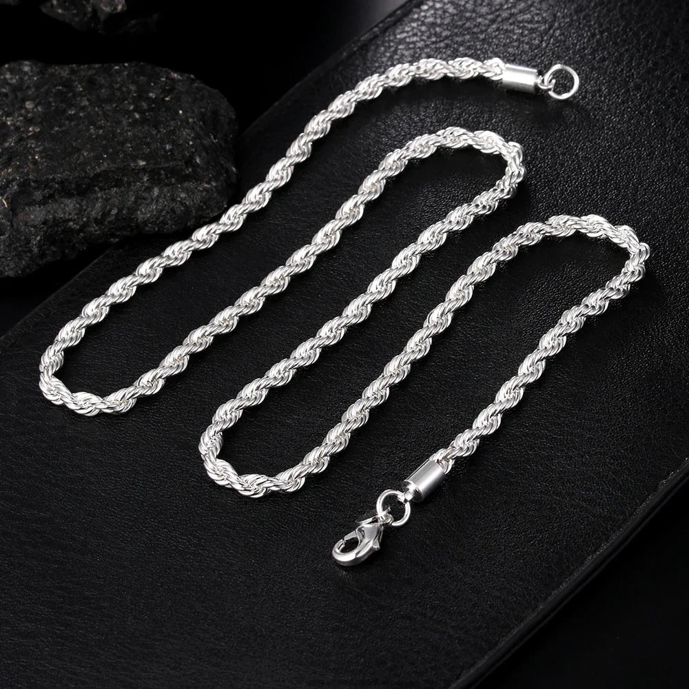 925 Sterling Silver Rope Chain Necklace and Bracelet Set, 4mm, for Men and Women