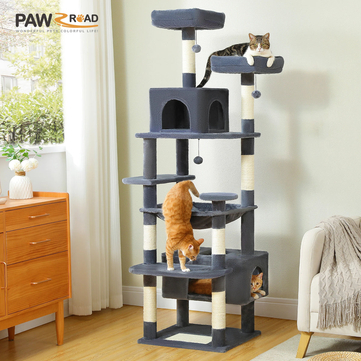 Large Cat Tree and Tower for Indoor Cats with Sisal Scratching Posts, Hammock, Padded Perches and Condos