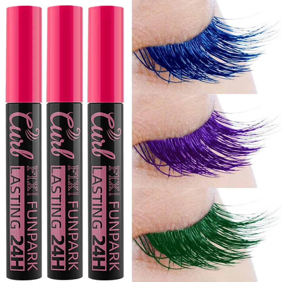 3pcs Colorful 3D Eye Blue Green Purple Mascara Waterproof Lengthens Eyelashes Extension Silk Fiber Mascare Long Lasting Eye Makeup for Women Cosmetic