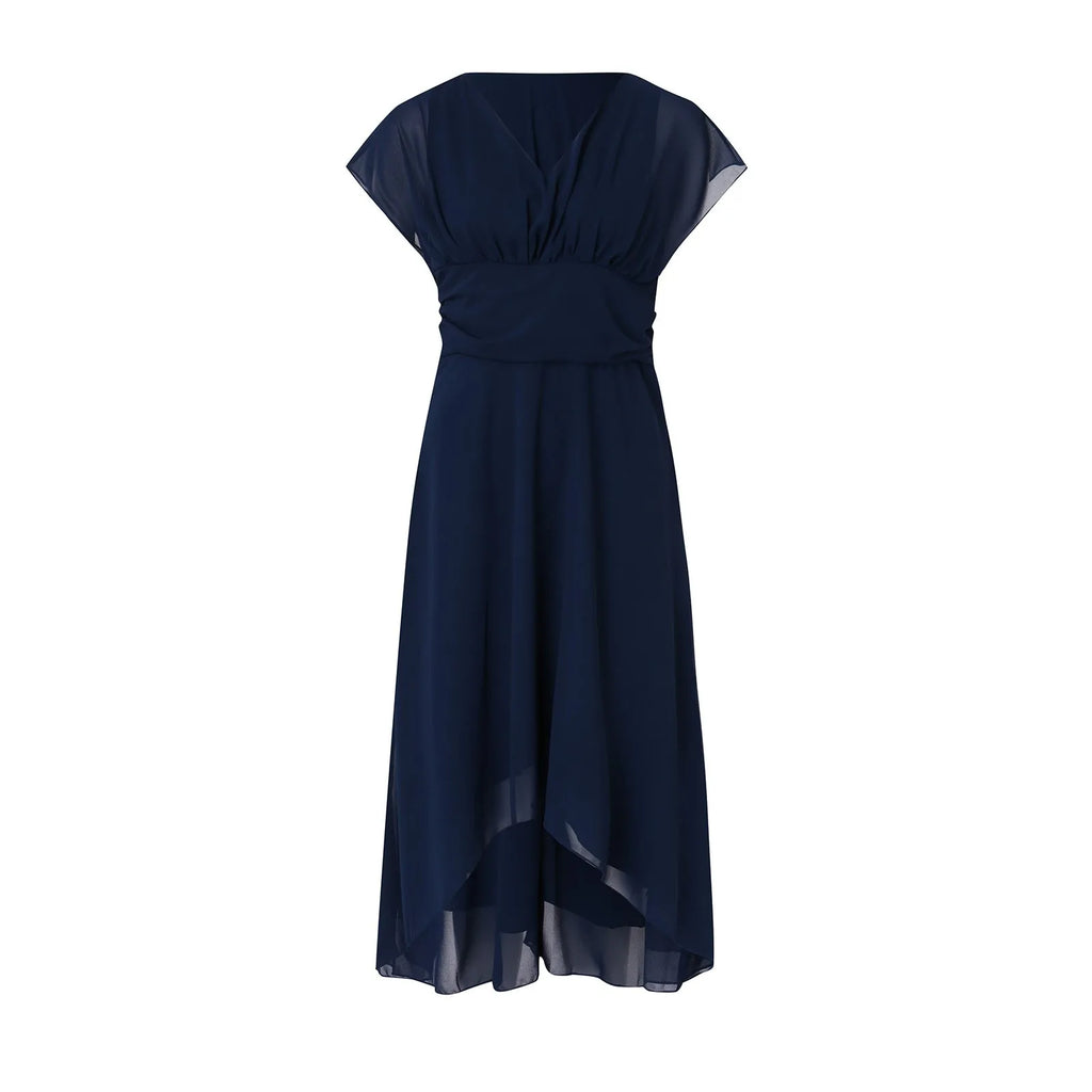 Women's Chiffon V-Neck A-Line Long Dress, High Waist Short Sleeve Evening and Cocktail Dress