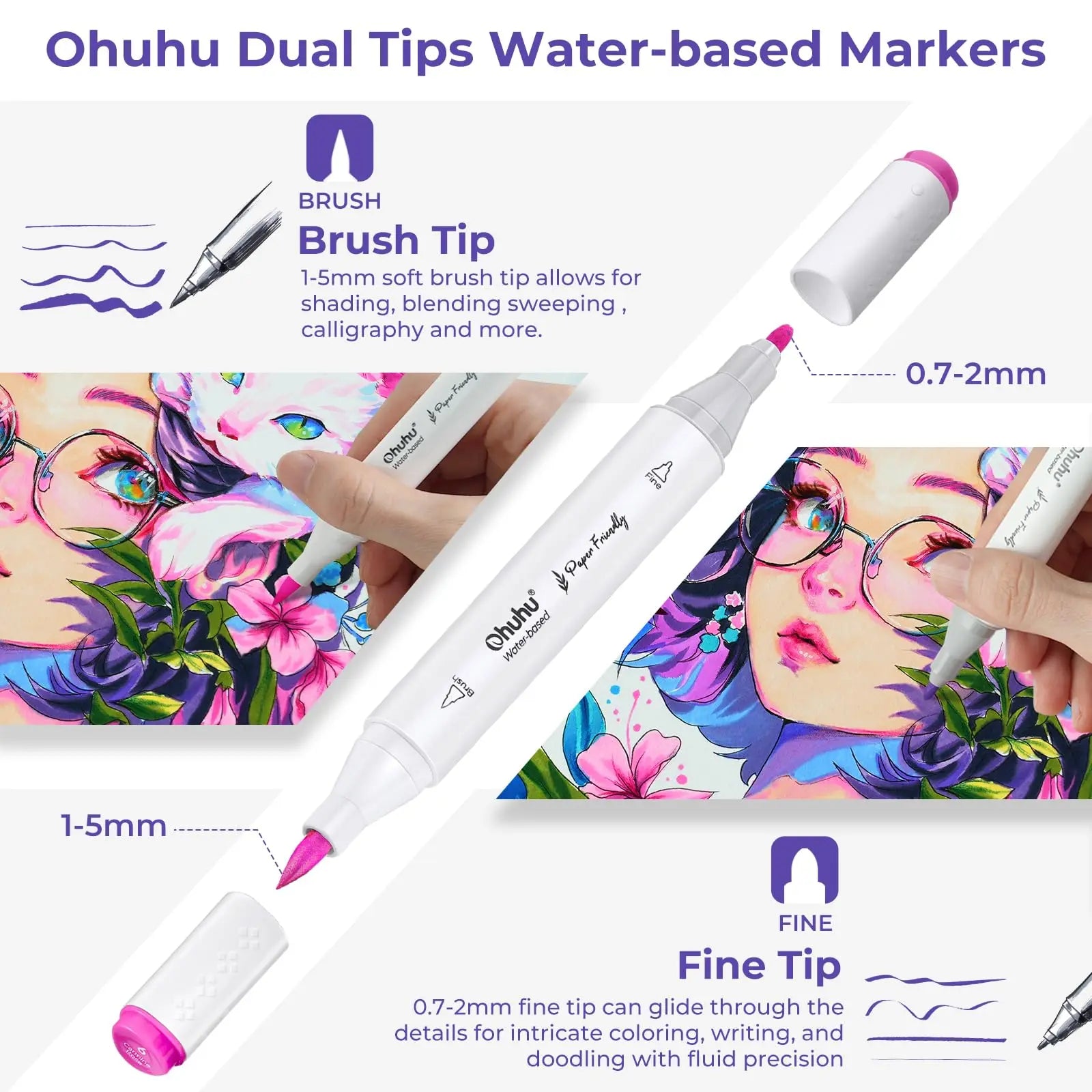 Ohuhu Markers Paper-friendly Water-based Coloring Markers 60 Colors Dual Brush Fineliner Tips Markers Coloring Books Art Markers