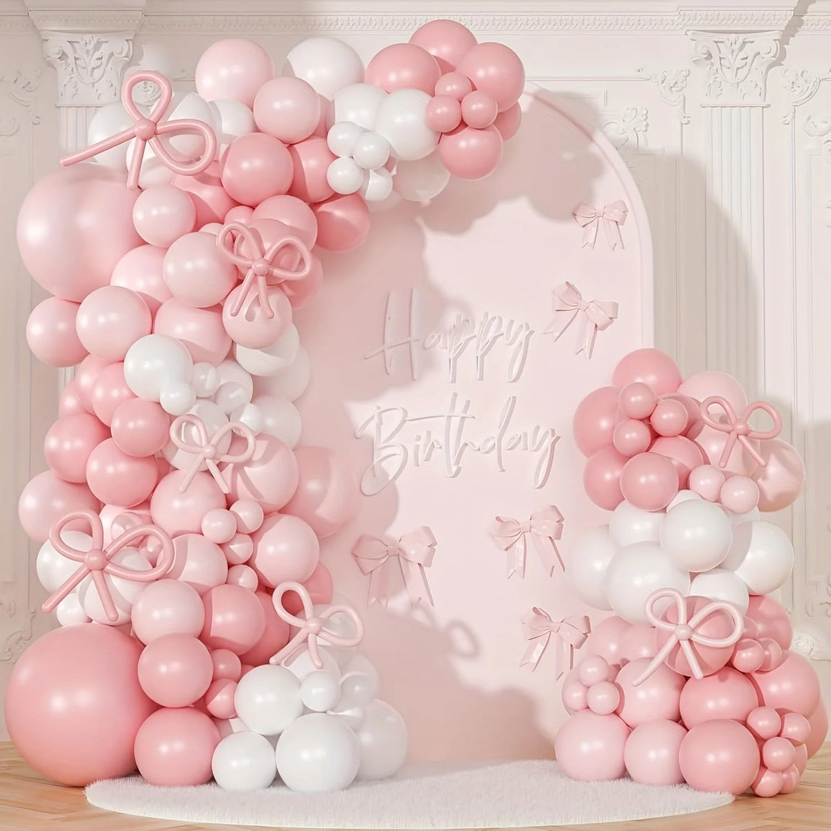 Coquette Birthday Decorations, 152pcs Pink And White Balloon Garland Arch Kit Include Light Pink White Bow Balloons Different Size for Bridal Shower