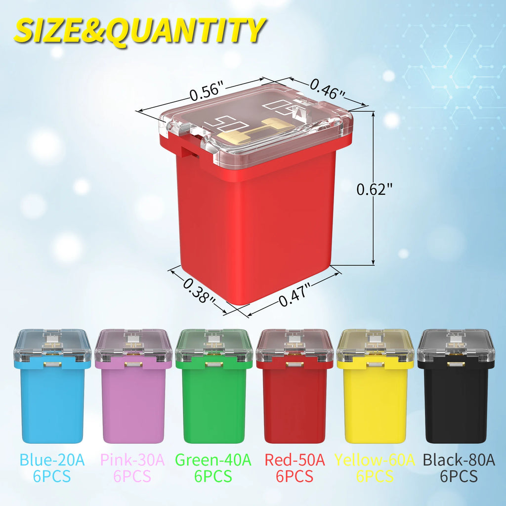 DaierTek 36Pcs Jcase Fuse Automotive Tall/Standard and Low Profile Jcase Box Shaped Fuses Assortment Kit 20A 30A 40A 50A 60A 80A