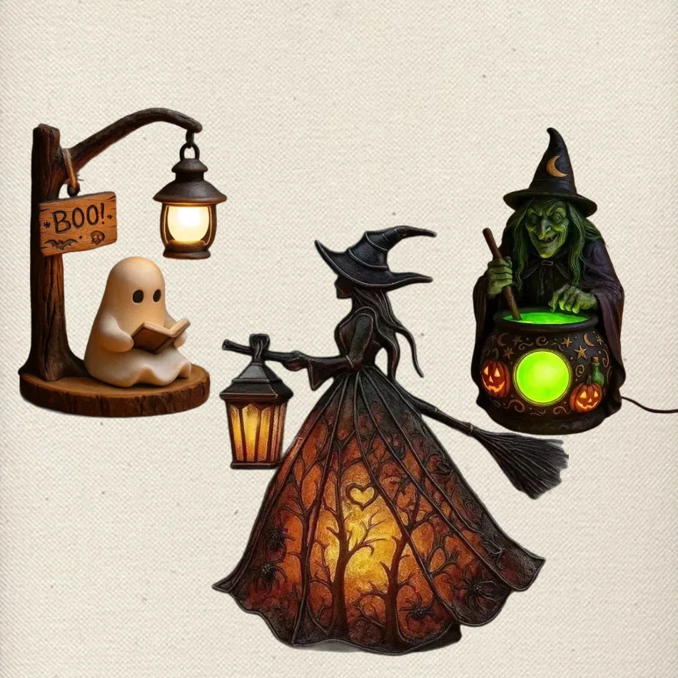 Halloween Witch and Ghost 3D Resin Lantern Decoration