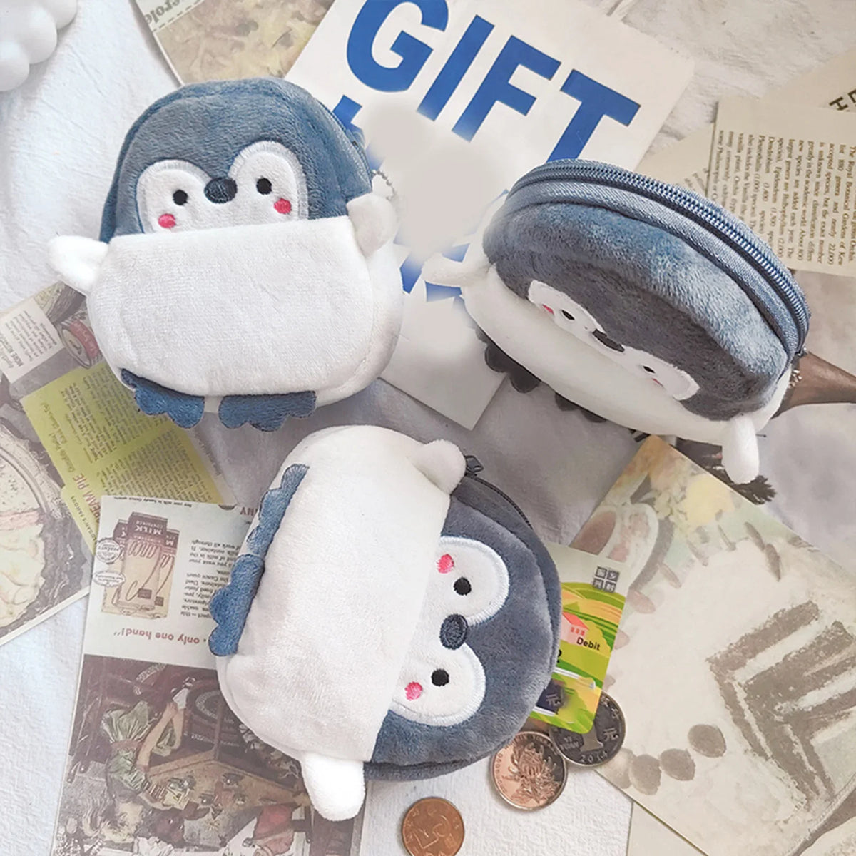 Women's Coin Purse Mini Pouch Cute Plush Little Penguin Zipper Change Purse for Keychain Lipsticks Money
