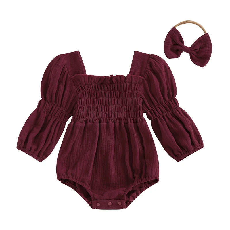 Baby Girls Spring Romper Long Sleeve Square Neck Solid Color Romper with Headband