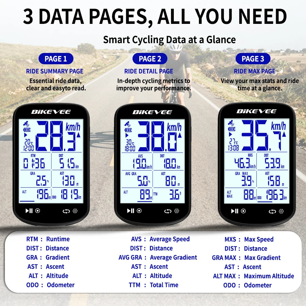 BIKEVEE Newest Sunlight-Readable 2.6" LCD Multiple Data Display GPS Bluetooth Wireless Bicycle Computer Multifunctional Rechargeable Bike Speedometer Odometer Stopwatch Tracker Connect with Auto Start/Stop Backlight Bike Acce