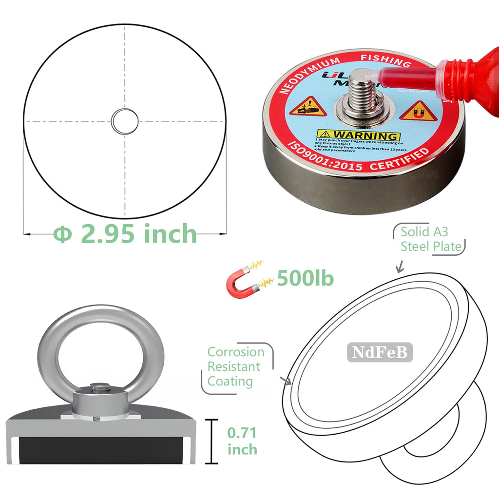400lb Magnet Fishing Kit with 65ft Rope, Strong Neodymium Retrieval Magnet