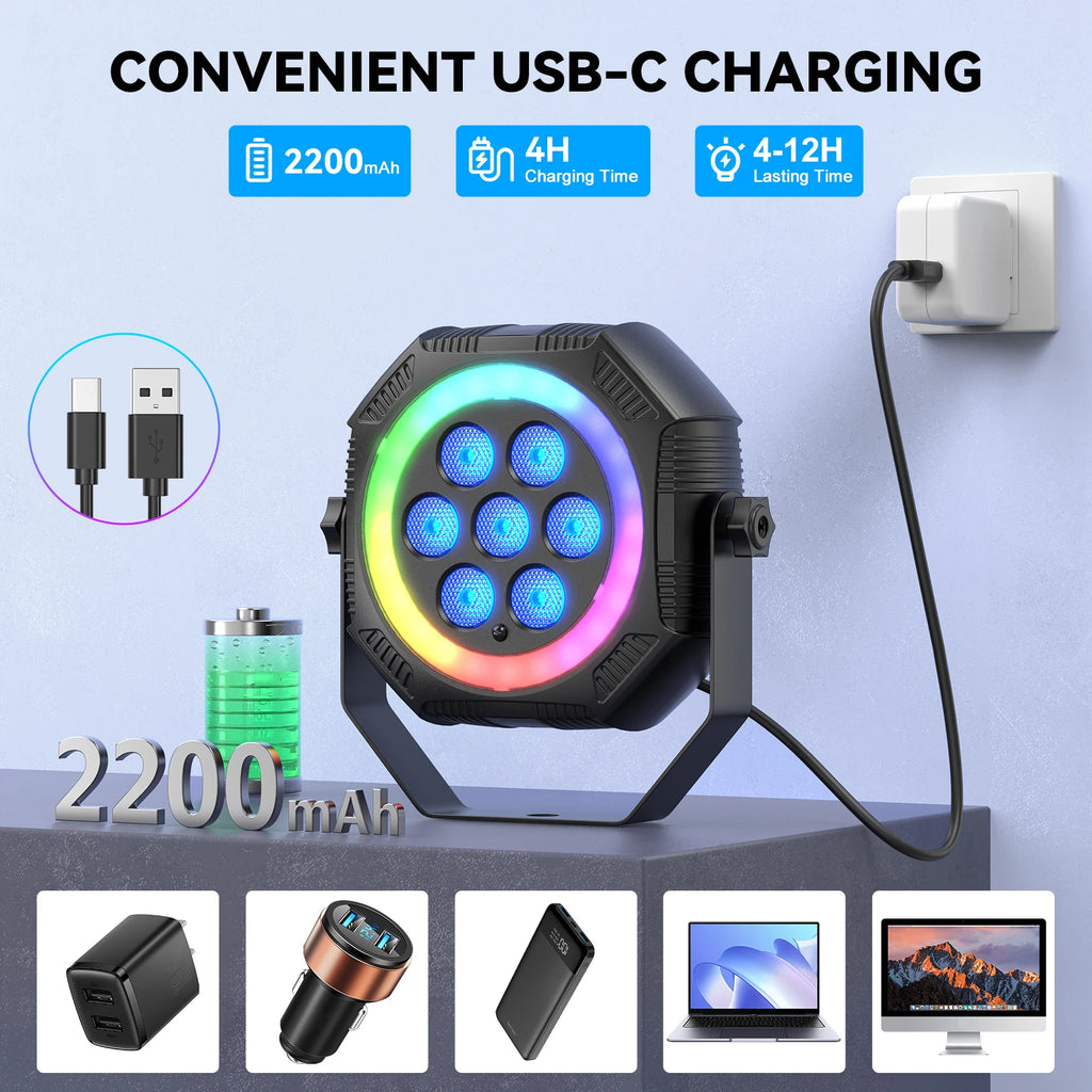 U'King 1/2/4Pcs Mini 7-LED RGB Rechargeable Par Lights With Light Strip Effect Par Can Stage Lights For Wedding DJ Party KTV Bar