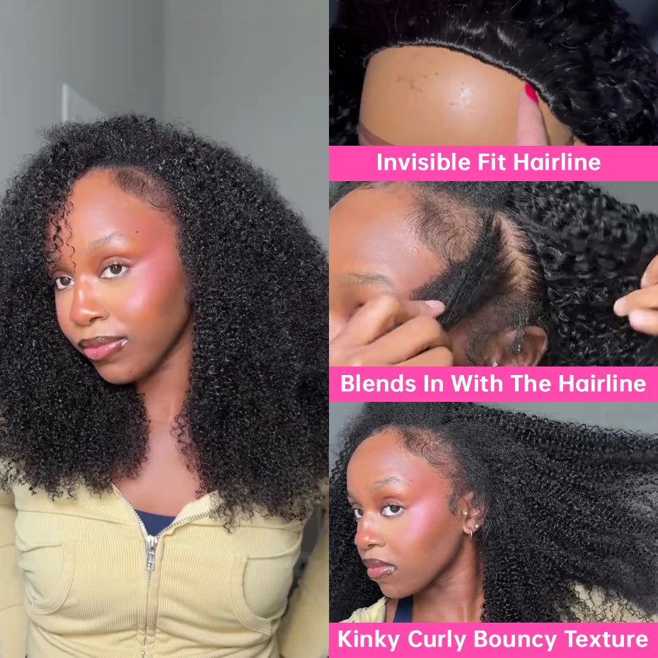 250 Density Kinky Curly Half Wig Double Drawn Invisible Drawstring Machine Made Wigs Human Hair Invisible Hairline Half Wig Natural Colored Ponytail