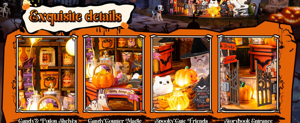 Rolife DIY Miniature House Kit Haunted Candy House Wooden Dollhouse Model Building Kit with LED Light for Home Decor Holiday Gift for Adults Friends