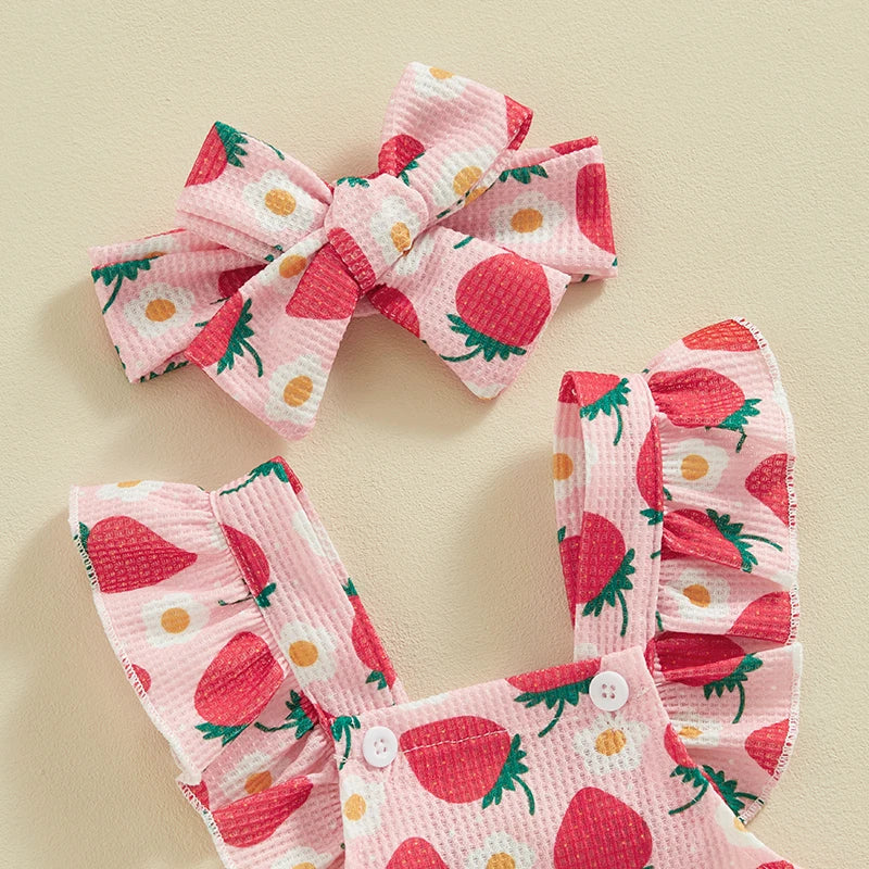 Summer Infant Baby Girls Bodysuit and Headband Flower Print Fly Sleeve Jumpsuit Casual Clothes