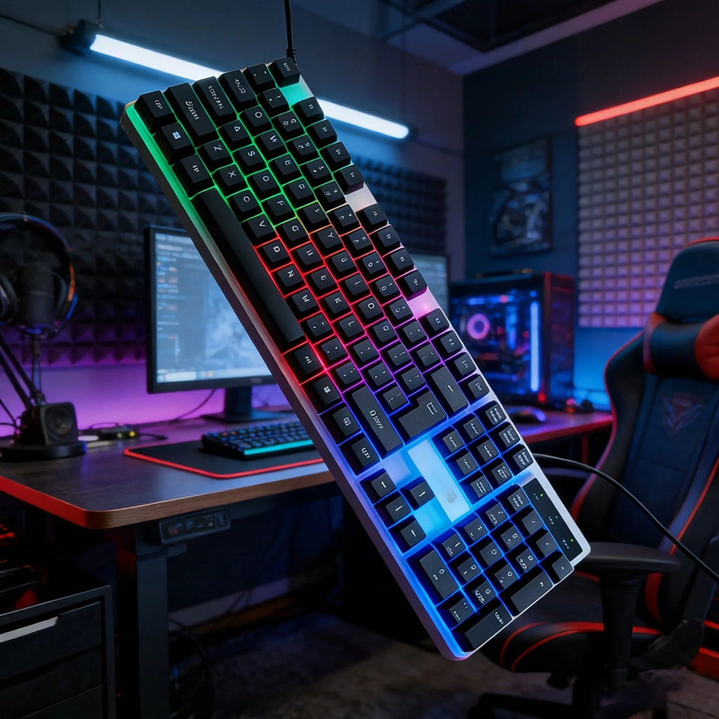 RGB Backlit Keyboard, Wired 104 Key Mechanical-Feel Keyboard, LED Lighting, Plug & Play for PC Gaming, Office Desk Accessories, Laptop & Home Use