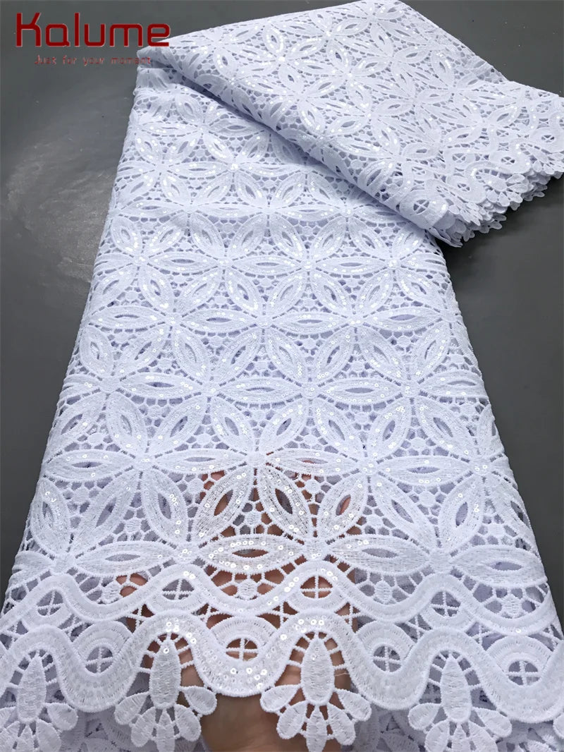 White African Guipure Cord Lace Fabric with Sequins 2025 High Quality Nigerian Guipure Cord Lace for Sewing Wedding Dress F4025