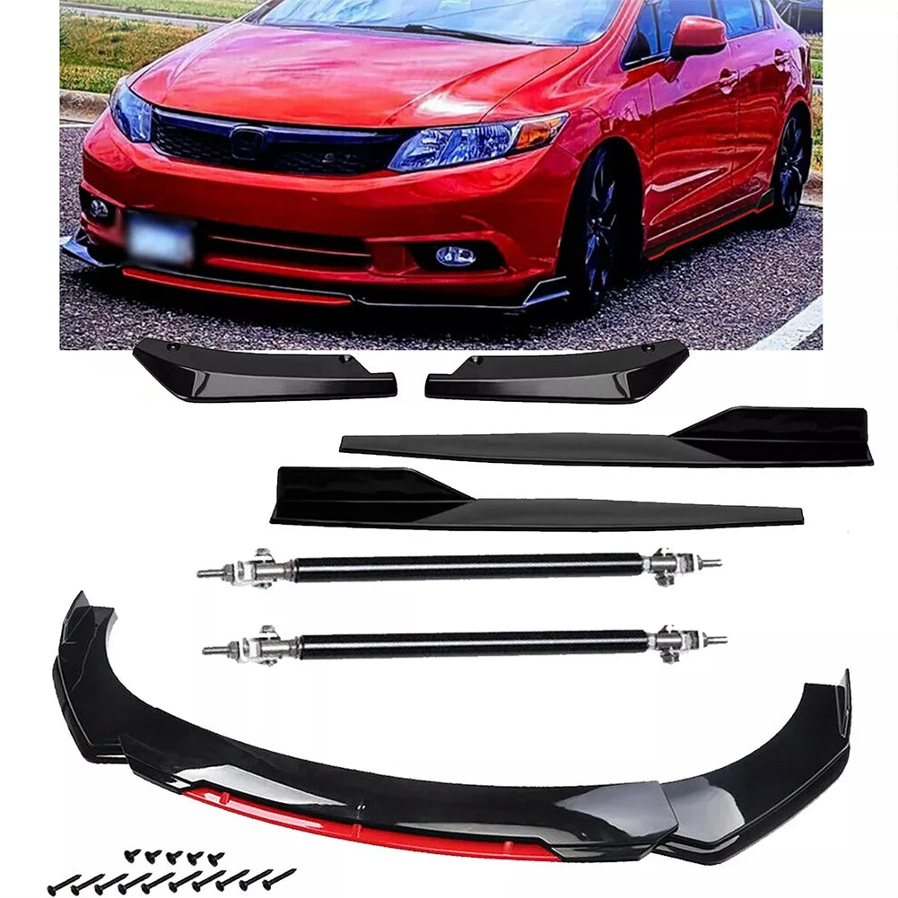Front Bumper Lip Spoiler Splitter And Side Skirt Kit, Anti-Collision ABS Car Chin Spoiler Diffuser Protector For 1.9M Wide Cars