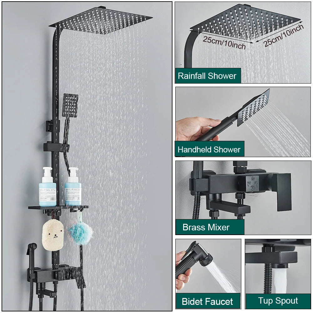 Rainfall Shower Faucet Set with Bathroom Shelf, Height-Adjustable Brass Bathtub Mixer