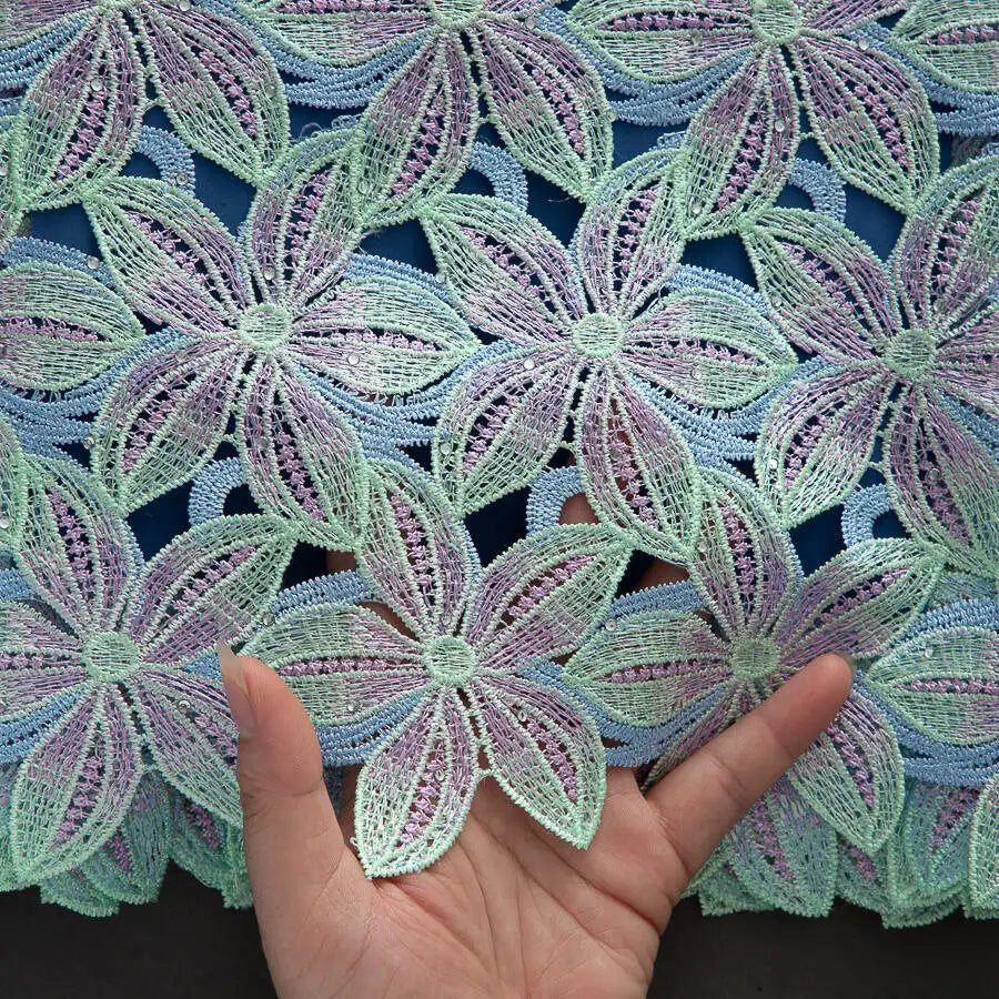 SJD LACE Nigerian Water Soluble Lace Fabric Tricolor Color Embroidered African Guipure Floral Lace for Sewing Wedding Party Evening Dress US Shipping 4632