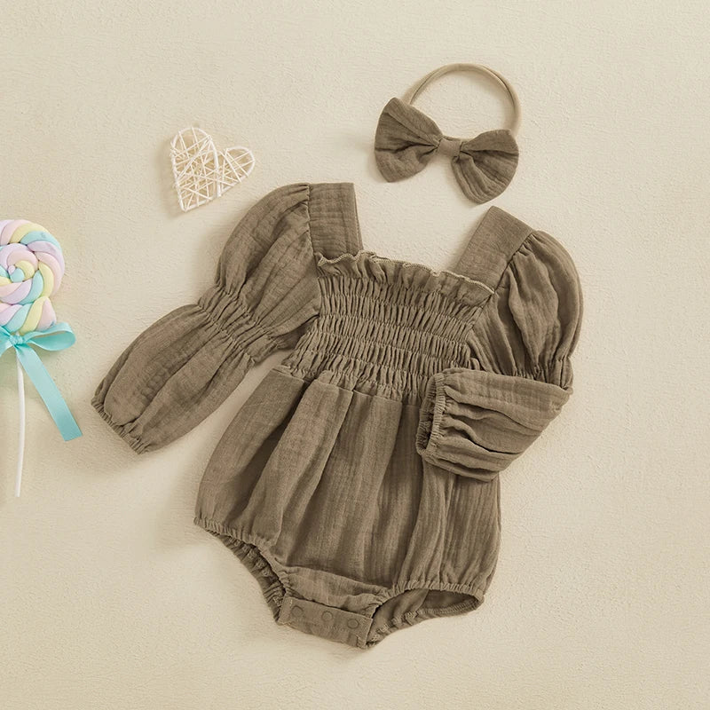 Baby Girls Spring Romper Long Sleeve Square Neck Solid Color Romper with Headband
