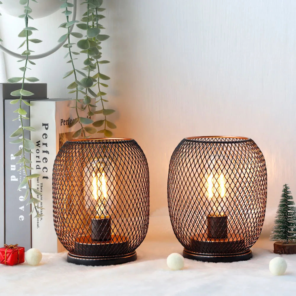 2Pcs Metal Cage Table Lamp Round Shaped LED Lantern Battery Powered Cordless Lamp for Weddings Party  Home Decor Candle Holder