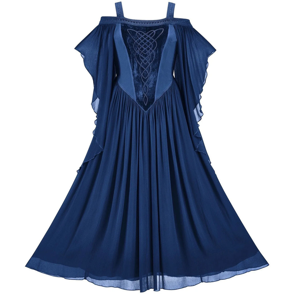 Women's Medieval Drama Halloween Cosplay Dress Off The Shoulder Batwing Sleeve Solid Color Patchwork Embroidery Long Dress