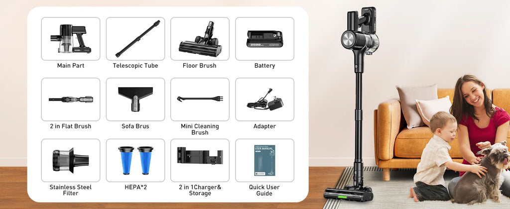 Cordless Vacuum Cleaner, 55Kpa/55min Self-Standing Powerful Stick Lightweight Vacuum Cleaner for Home Fur/Hard Floor/Rug