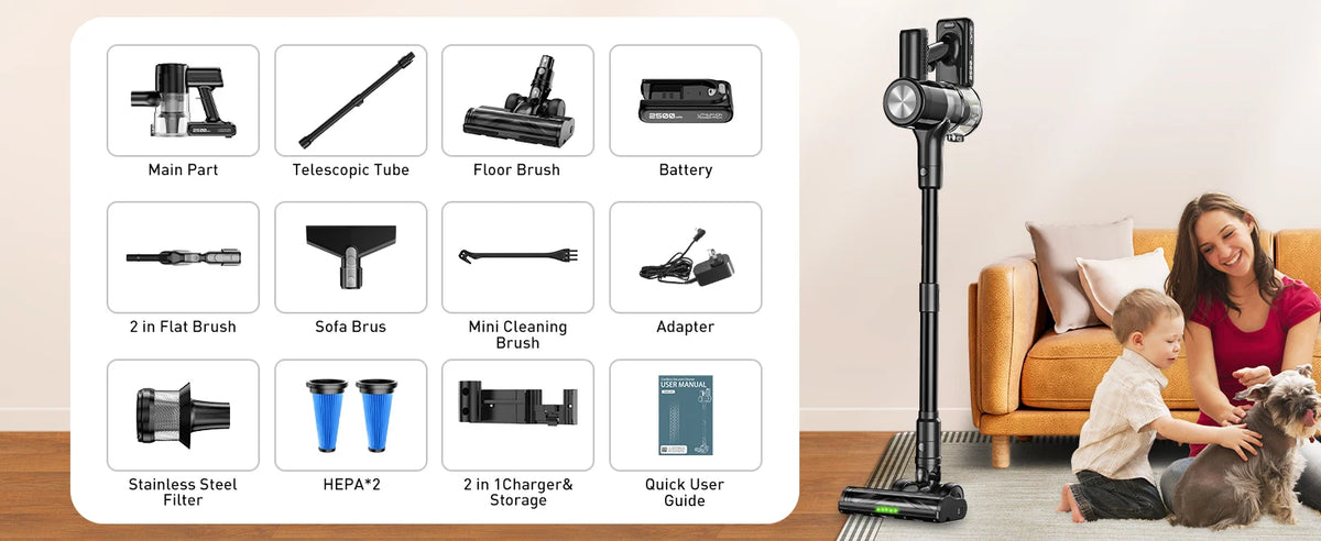 Cordless Vacuum Cleaner, 55Kpa/55min Self-Standing Powerful Stick Lightweight Vacuum Cleaner for Home Fur/Hard Floor/Rug