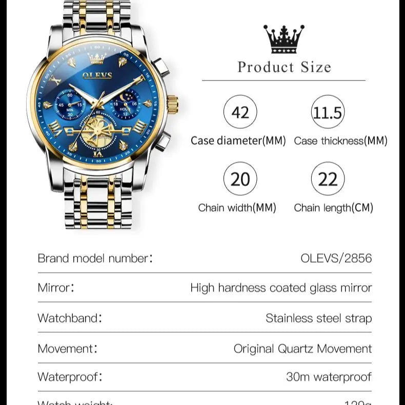 OLEVS Men's Skeleton Chronograph Watch with Moon Phase, Stainless Steel Quartz Wristwatch