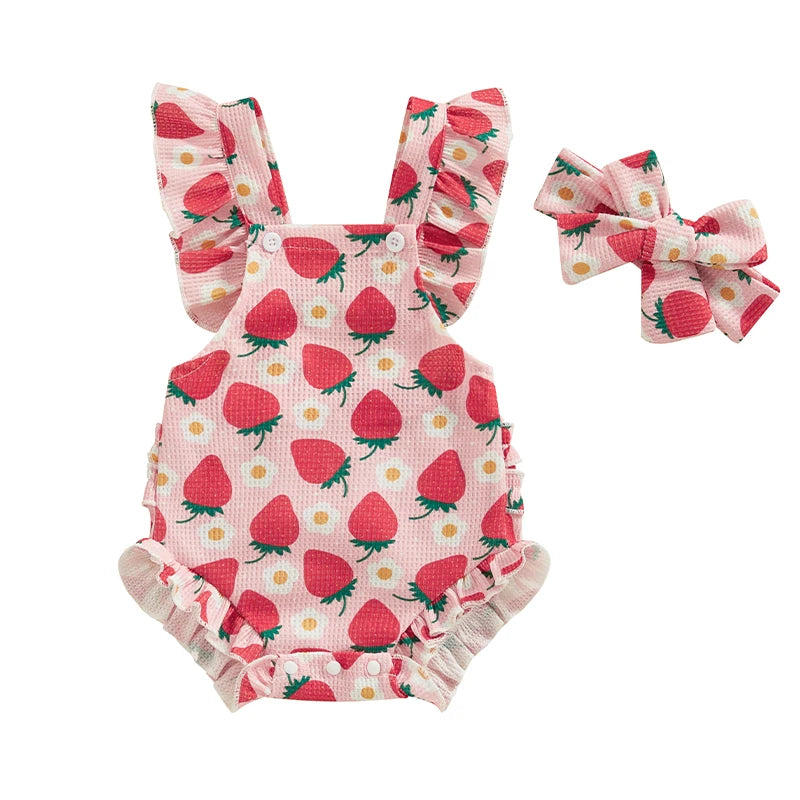 Summer Infant Baby Girls Bodysuit and Headband Flower Print Fly Sleeve Jumpsuit Casual Clothes