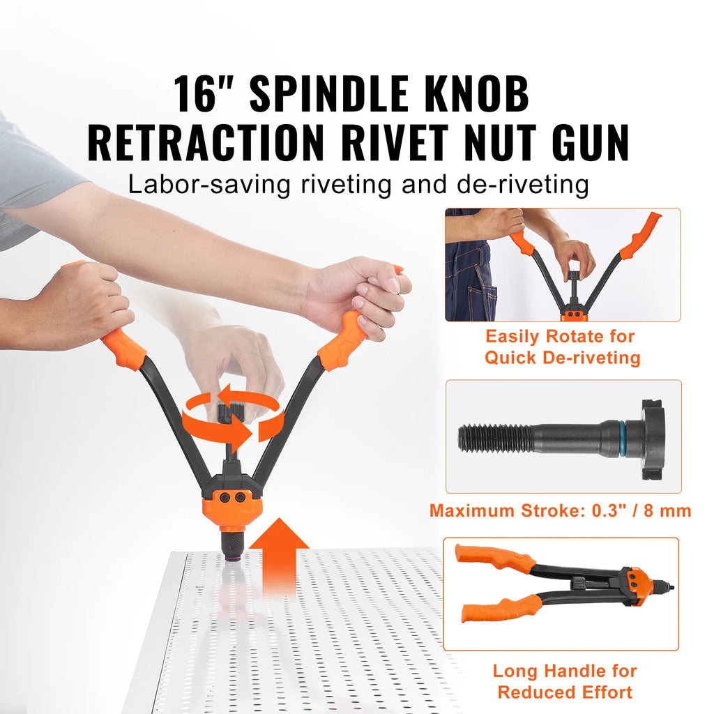 SucceBuy 16" Rivet Nut Tool, Labor-Saving Rivnut Tool Kit with 13PCS Metric SAE Mandrels, 186PCS Rivet Nuts, With Carrying Case