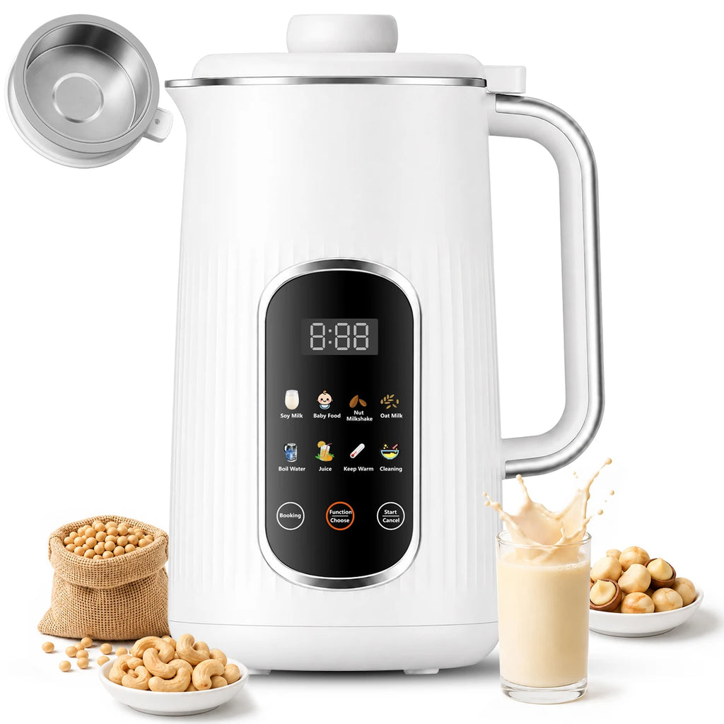（ stainless steel inner lid）8 in 1 Nut Milk Maker Machine, 42oz IMD Screen Almond Milk Maker, Soy Milk Maker with Self-Cleaning, Delay Start, Keep Warm, Boil Water, Automatic Plant-Based Milk Blender for Soybean, Oat, Coc