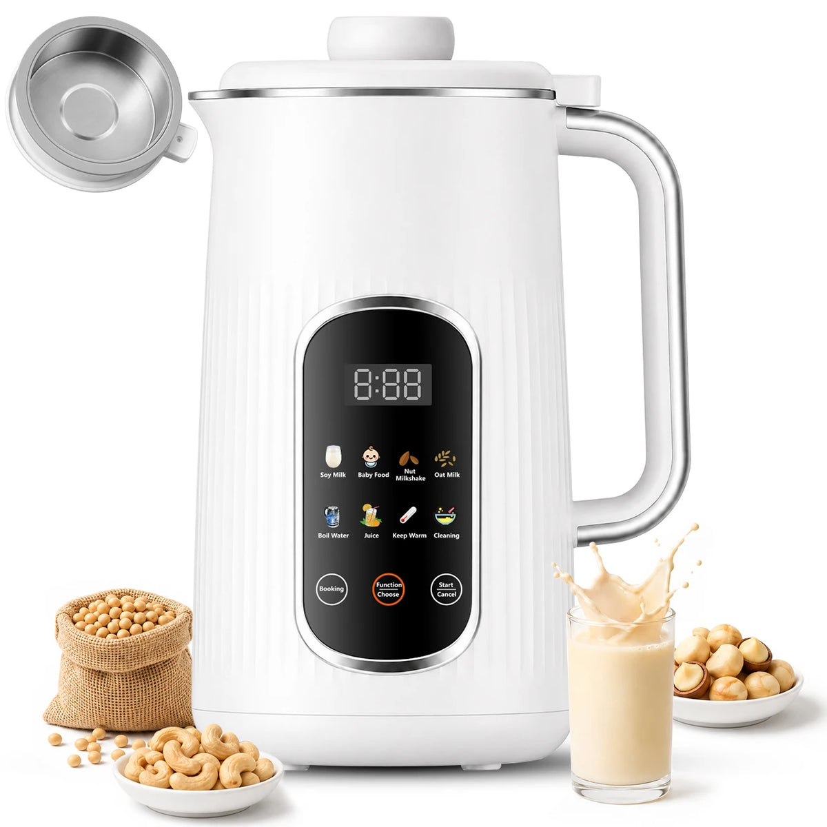 （ stainless steel inner lid）8 in 1 Nut Milk Maker Machine, 42oz IMD Screen Almond Milk Maker, Soy Milk Maker with Self-Cleaning, Delay Start, Keep Warm, Boil Water, Automatic Plant-Based Milk Blender for Soybean, Oat, Coc