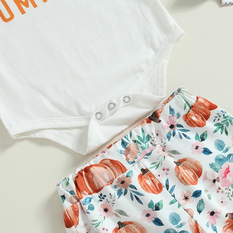 Citgeett Infant Baby Girls Halloween Outfit, Letter Print Short Sleeve Romper with Pumpkin Flare Trousers and Headband